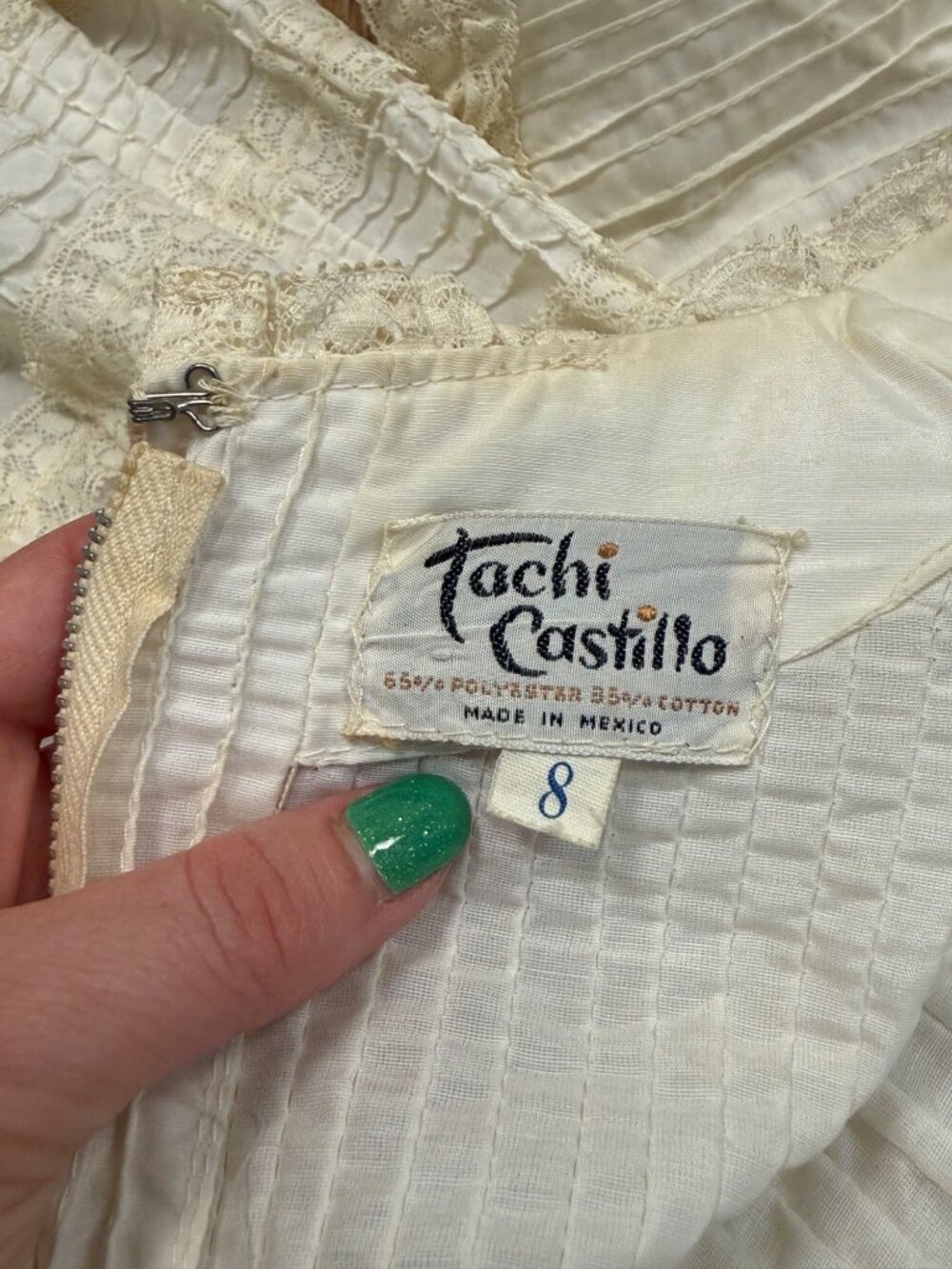 VTG 70s Tachi Castillo Ivory Prairie Maxi Dress Lace Pintuck Bell Sleeve Boho - Picture 11 of 12
